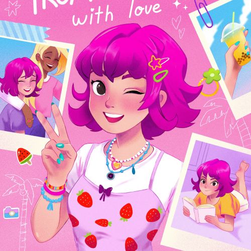 Cheerful pink-haired girl winking and holding a peace sign in summer theme
