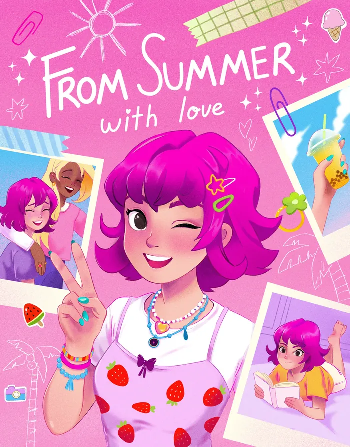 Cheerful pink-haired girl winking and holding a peace sign in summer theme