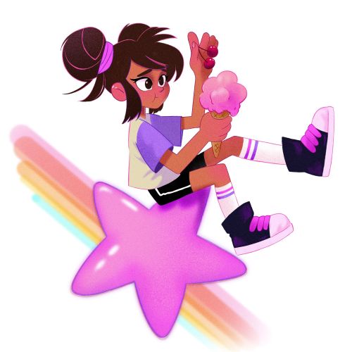 Girl with ponytail sitting on pink star holding ice cream cone