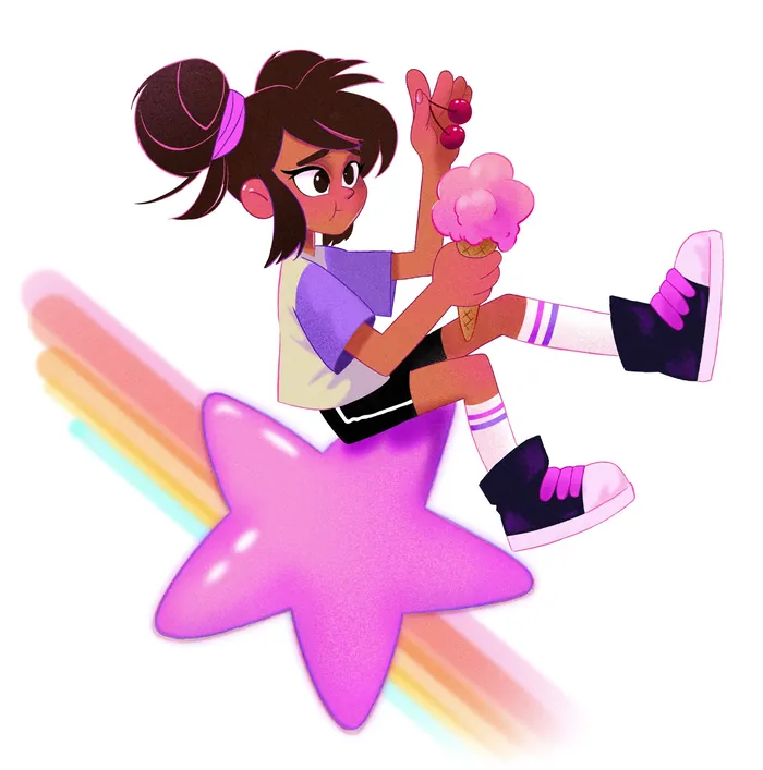 Girl with ponytail sitting on pink star holding ice cream cone