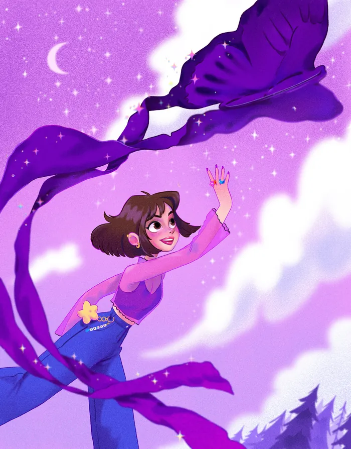 Girl reaching for a large purple butterfly in a starry night sky