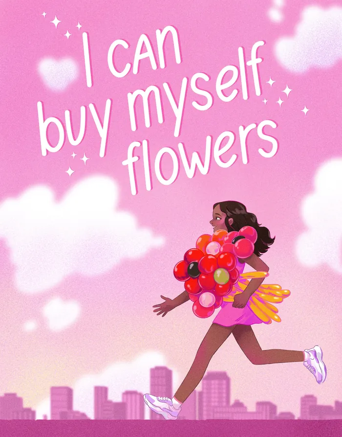 Woman holding flowers running with pink city background.