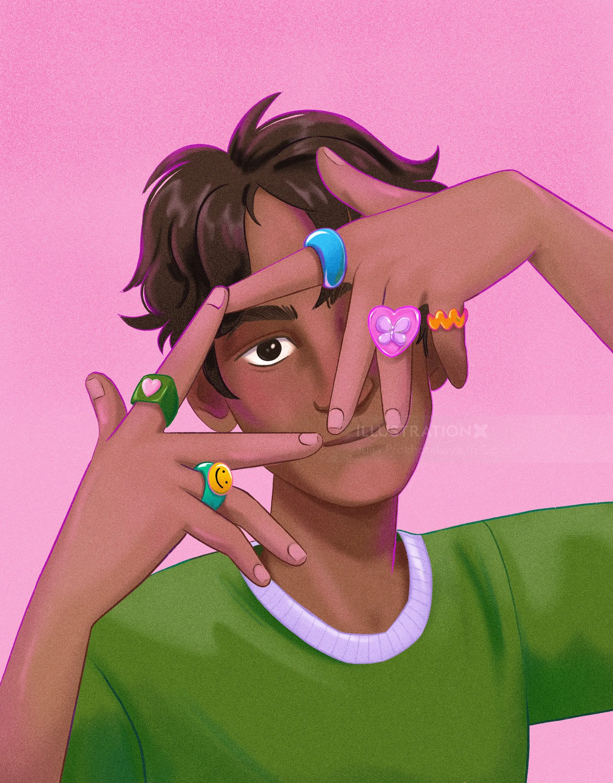 Person framing face with hands and colorful rings by Julia Prokhotskaya In Colour