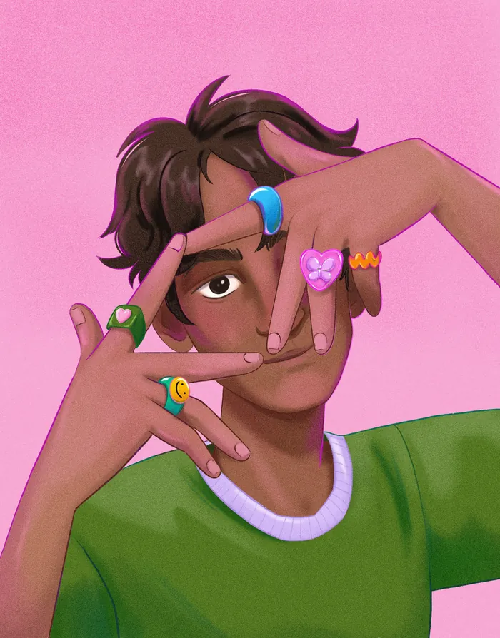 Person framing face with hands and colorful rings by Julia Prokhotskaya In Colour