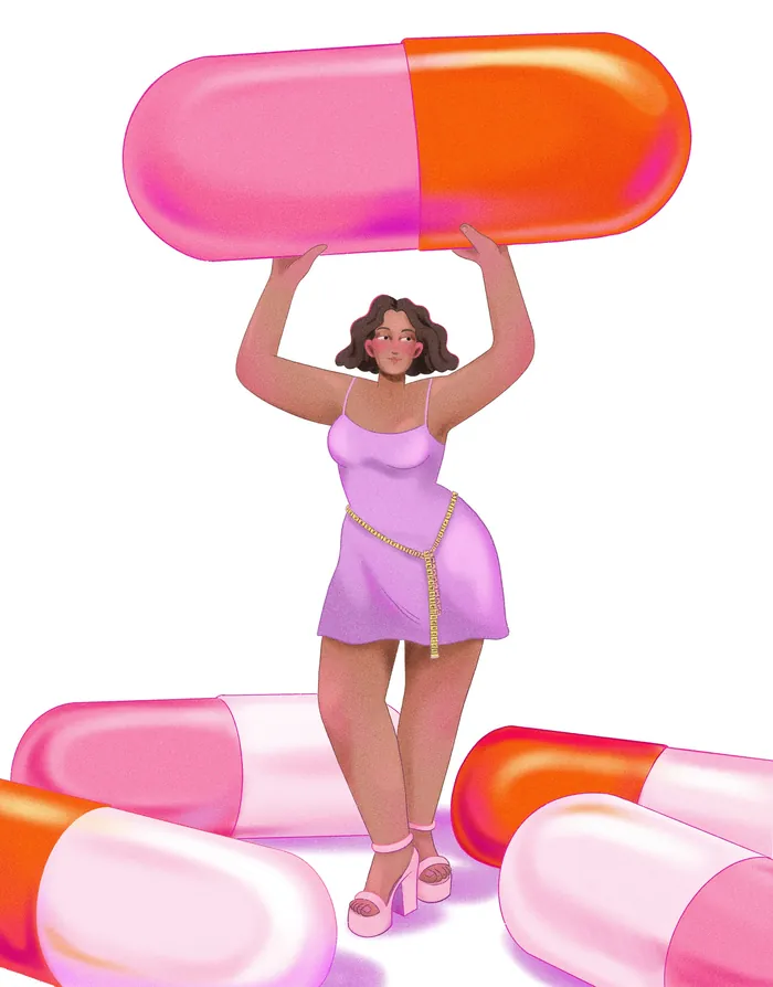 Woman in pink dress holding a large capsule pill with other capsule pills nearby by Julia Prokhotska