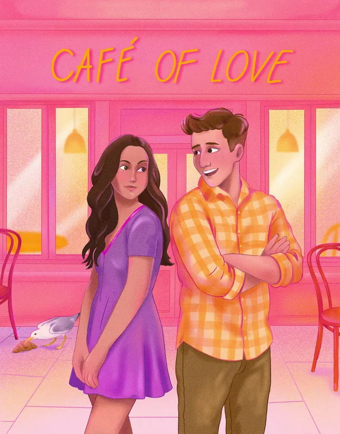 Young couple standing outside Café of Love, by Julia Prokhotskaya