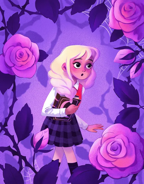 Blonde girl in school uniform amidst pink roses, artwork by Julia Prokhotskaya