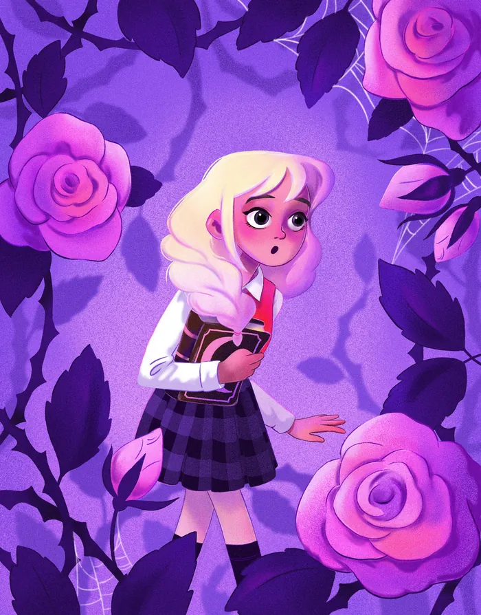 Blonde girl in school uniform amidst pink roses, artwork by Julia Prokhotskaya