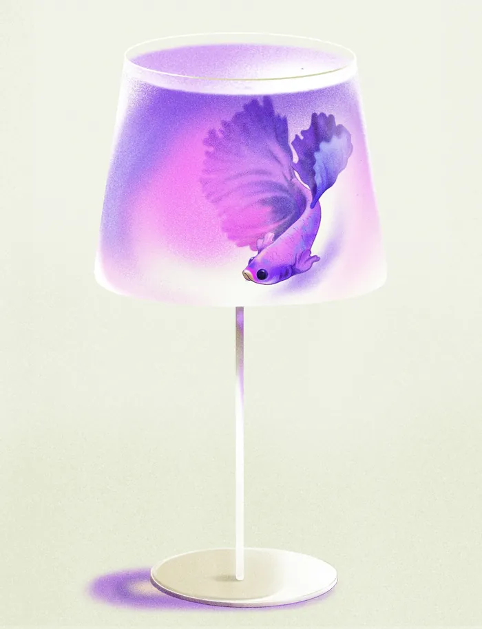 Purple betta fish swimming inside a glass lamp by Julia Prokhotskaya