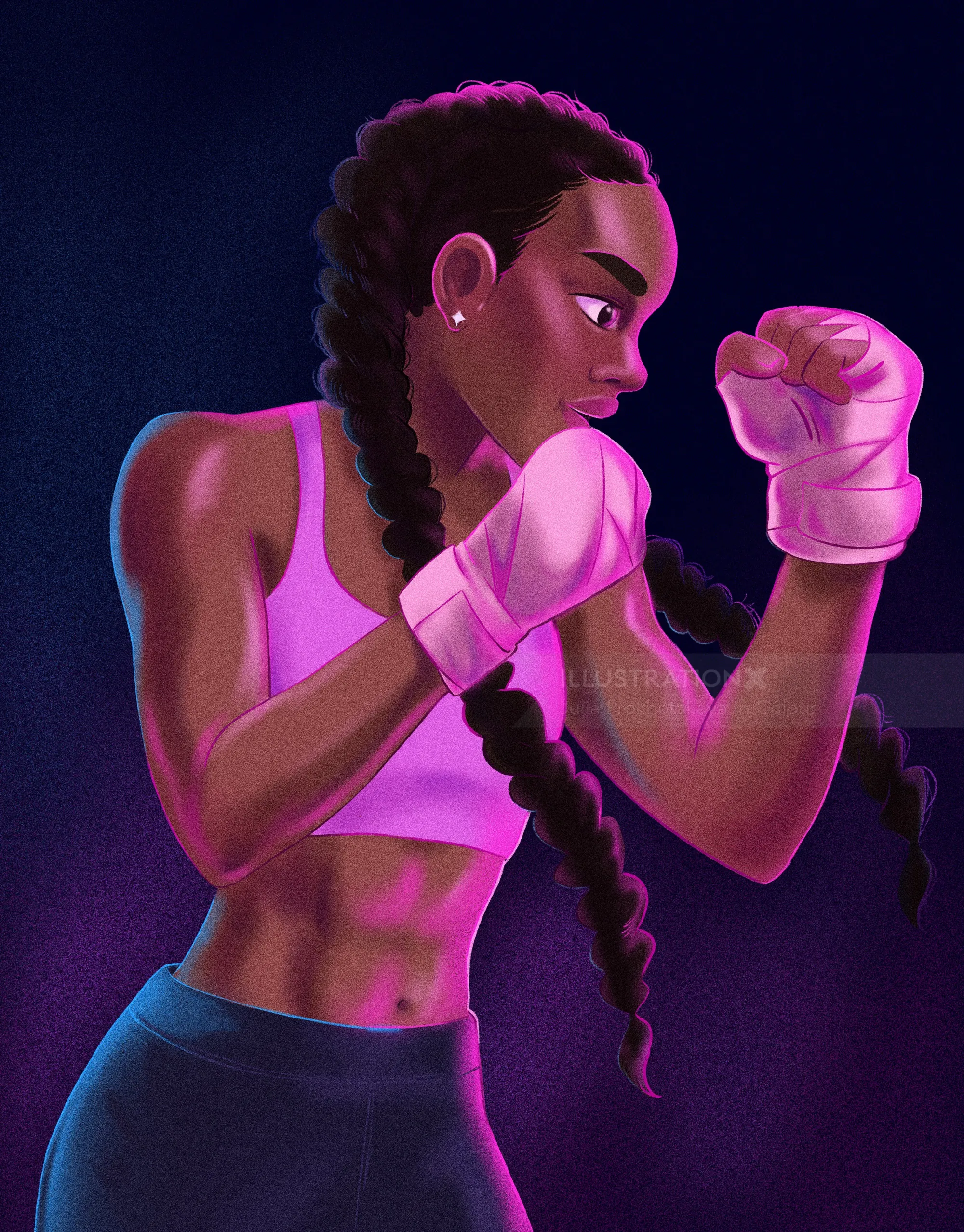 Female boxer with braided hair and pink gloves in fighting stance by Julia Prokhotskaya