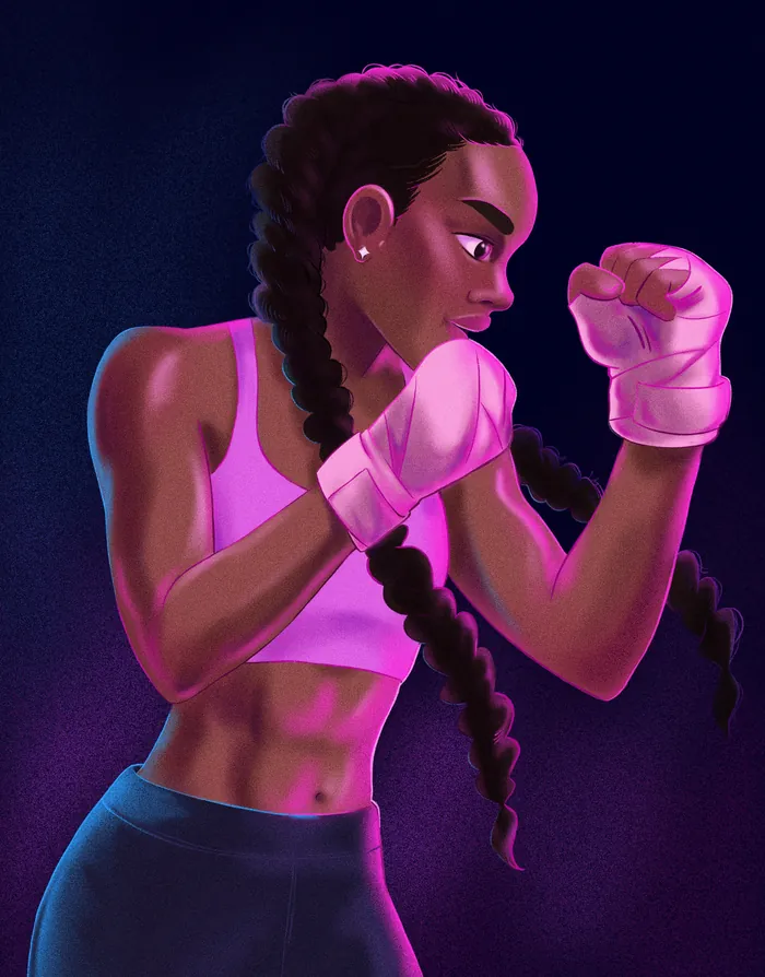 Female boxer with braided hair and pink gloves in fighting stance by Julia Prokhotskaya