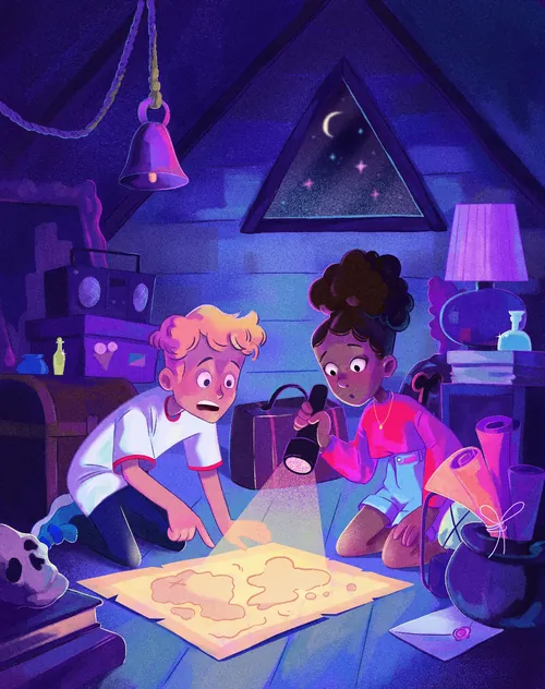 Children exploring a glowing map in an attic at night by Julia Prokhotskaya