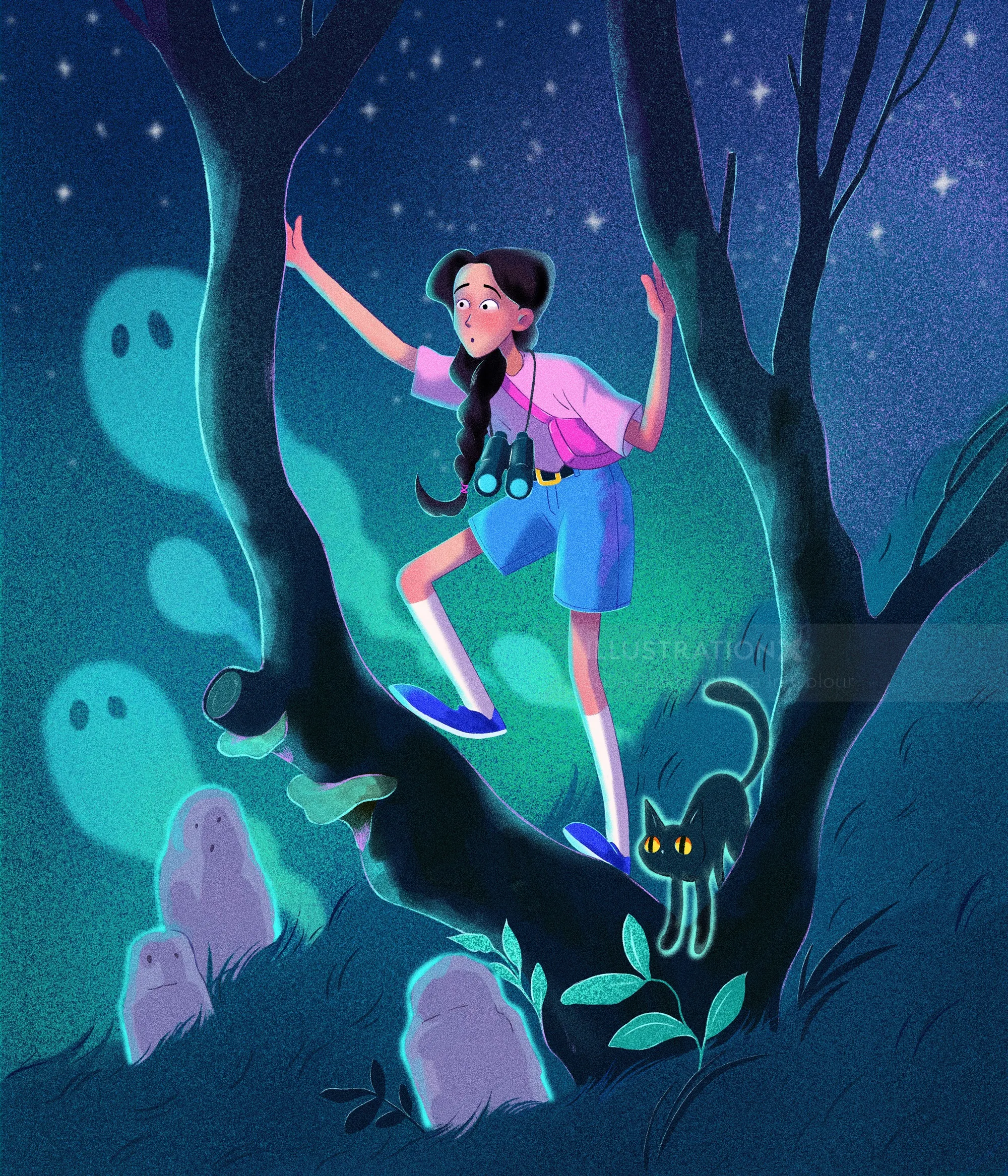Girl with binoculars on tree branch in spooky forest with glowing ghosts and black cat by Julia Prok