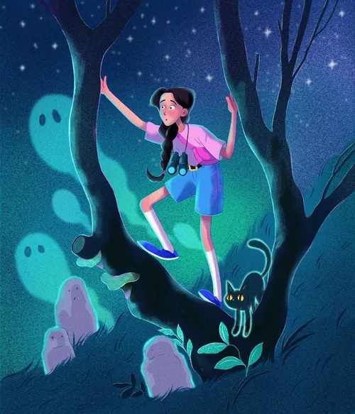 Girl with binoculars on tree branch in spooky forest with glowing ghosts and black cat by Julia Prok