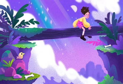 Girl sitting on tree branch across cliffs with plants and bird by Julia Prokhotskaya