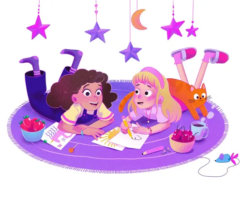 Two children drawing on a purple rug with a cat and hanging stars by Julia Prokhotskaya
