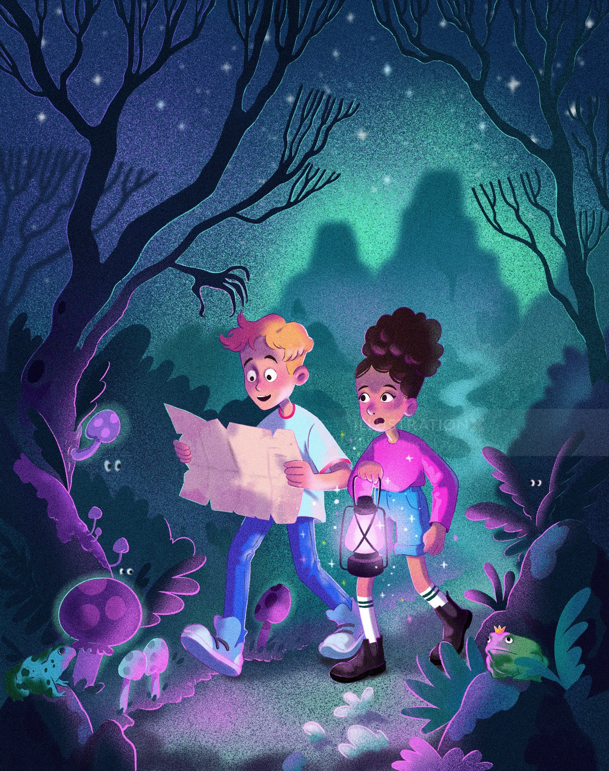 Children exploring glowing forest at night with lantern and map by Julia Prokhotskaya
