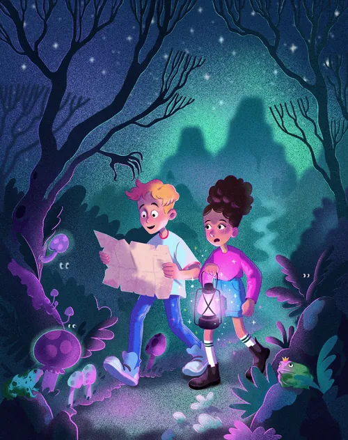Children exploring glowing forest at night with lantern and map by Julia Prokhotskaya
