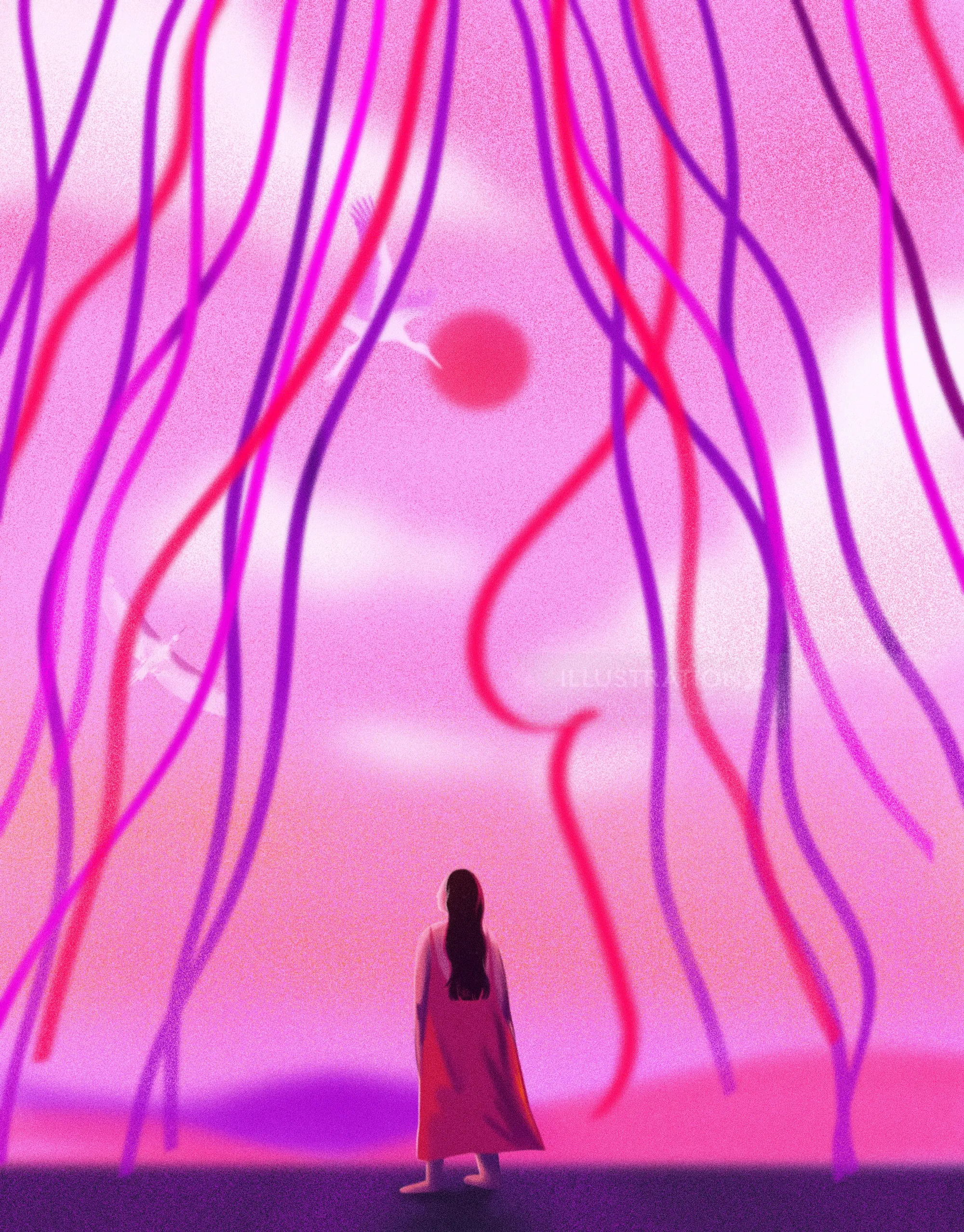 Silhouette of a person looking at abstract pink and purple flowing strands by Julia Prokhotskaya
