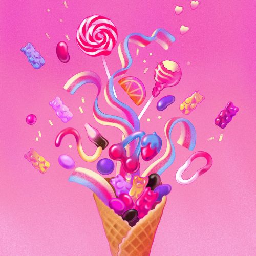 Ice cream cone bursting with colorful candies and sweets by Julia Prokhotskaya