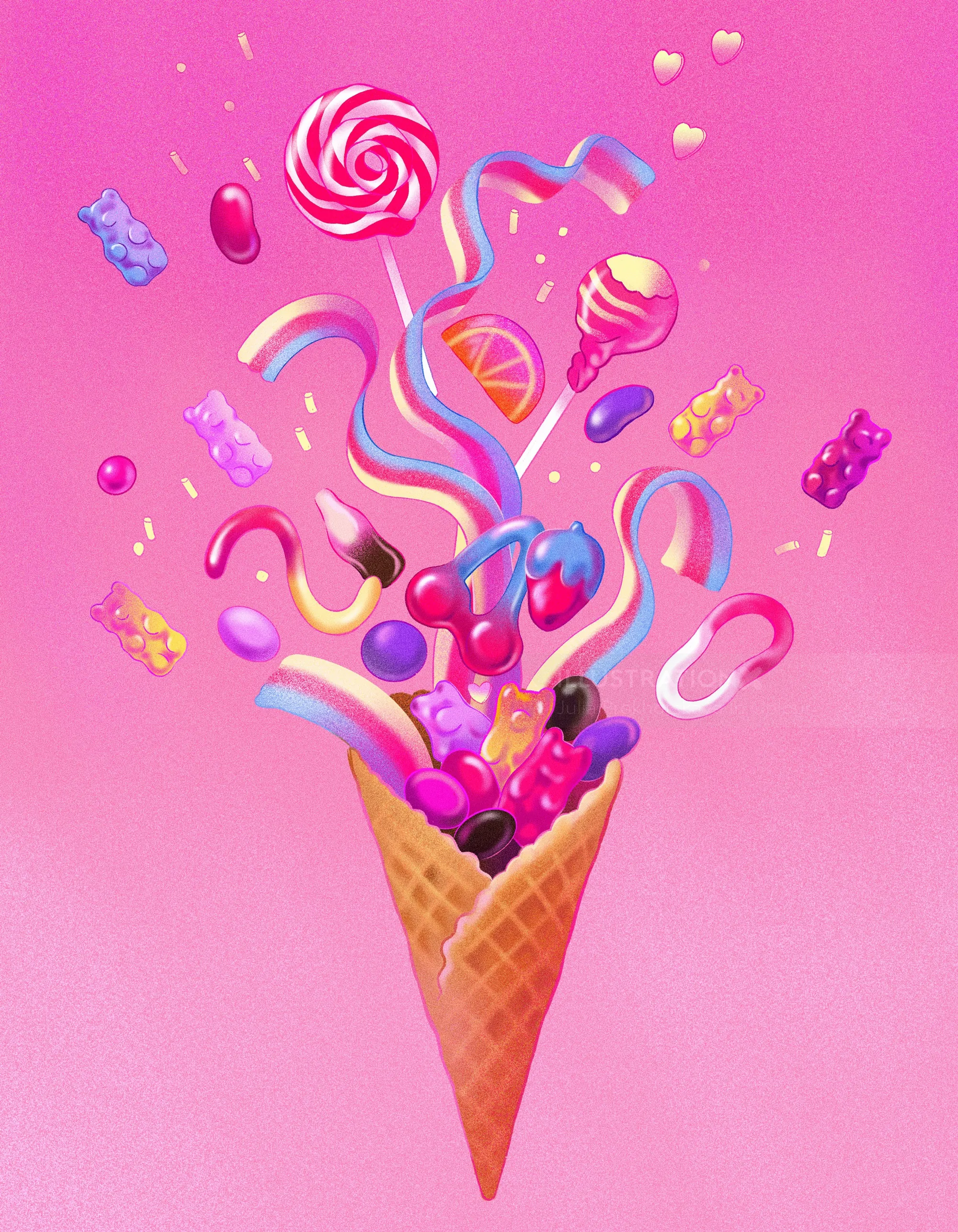 Ice cream cone bursting with colorful candies and sweets by Julia Prokhotskaya