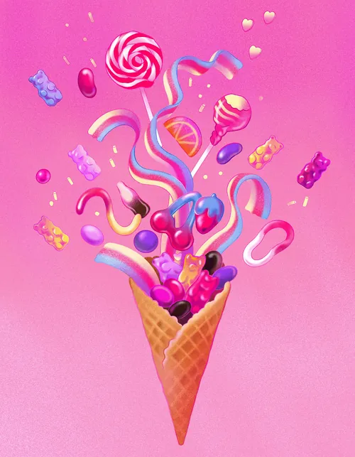 Ice cream cone bursting with colorful candies and sweets by Julia Prokhotskaya