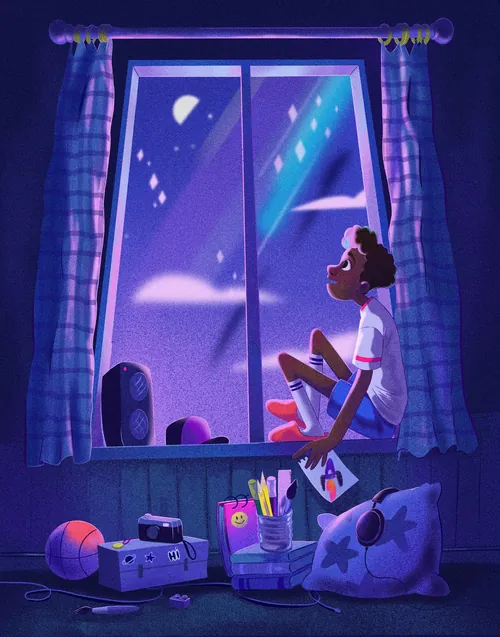 Girl sitting by window looking at night sky, by Julia Prokhotskaya