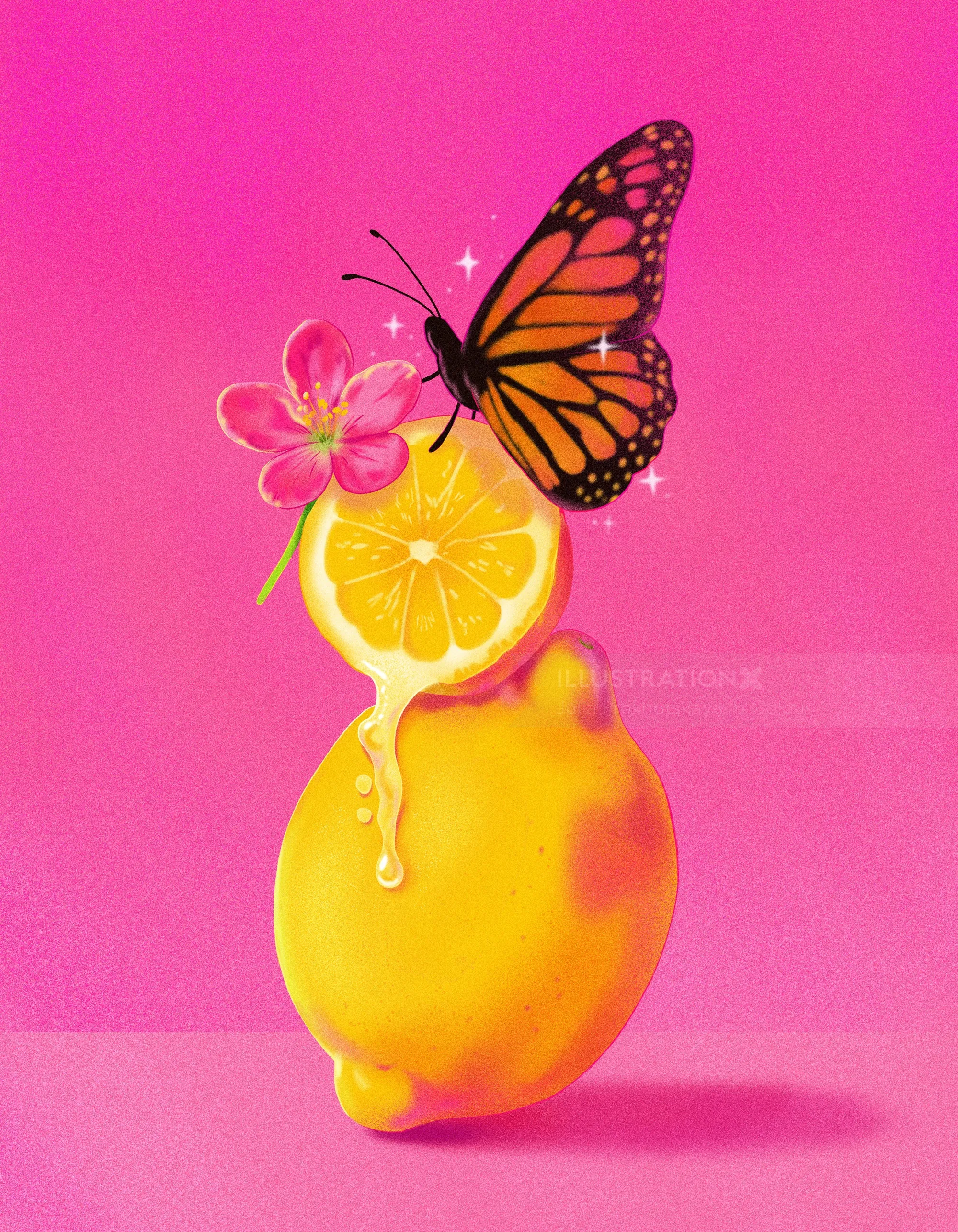 Monarch butterfly on lemon slice and pink flower with dripping juice by Julia Prokhotskaya