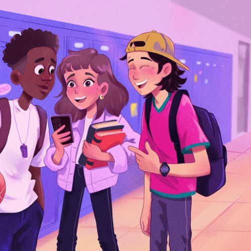 Three teenagers smiling and chatting in a school hallway by lockers by Julia Prokhotskaya