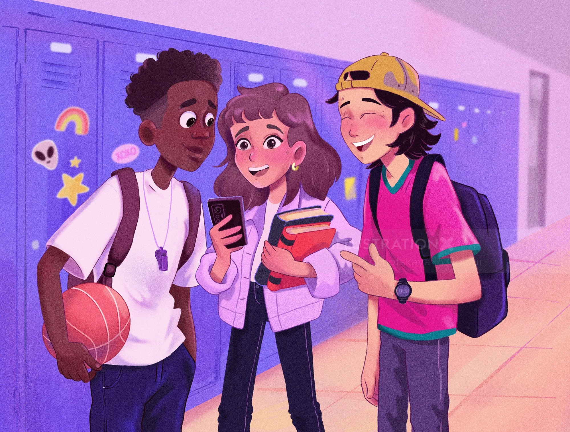 Three teenagers smiling and chatting in a school hallway by lockers by Julia Prokhotskaya
