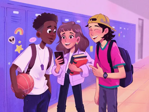 Three teenagers smiling and chatting in a school hallway by lockers by Julia Prokhotskaya