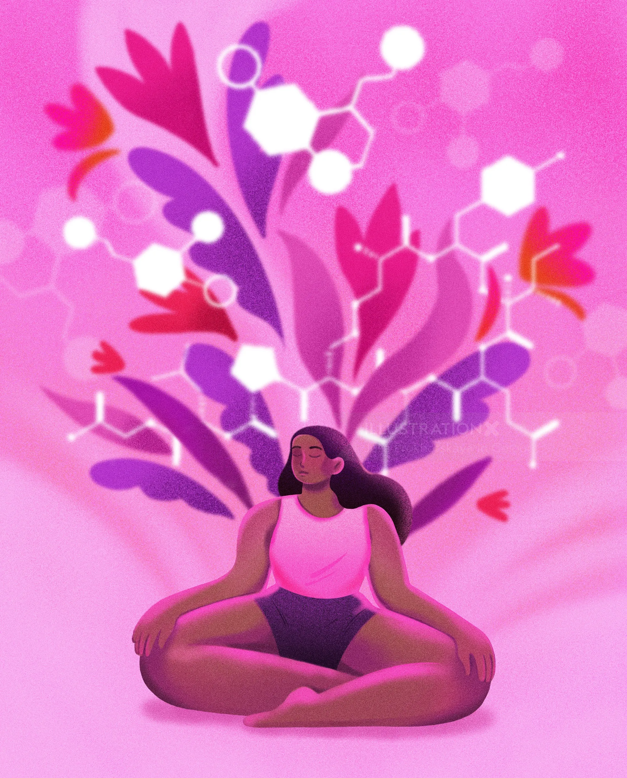 Woman meditating with colorful abstract plants and molecular shapes, by Julia Prokhotskaya