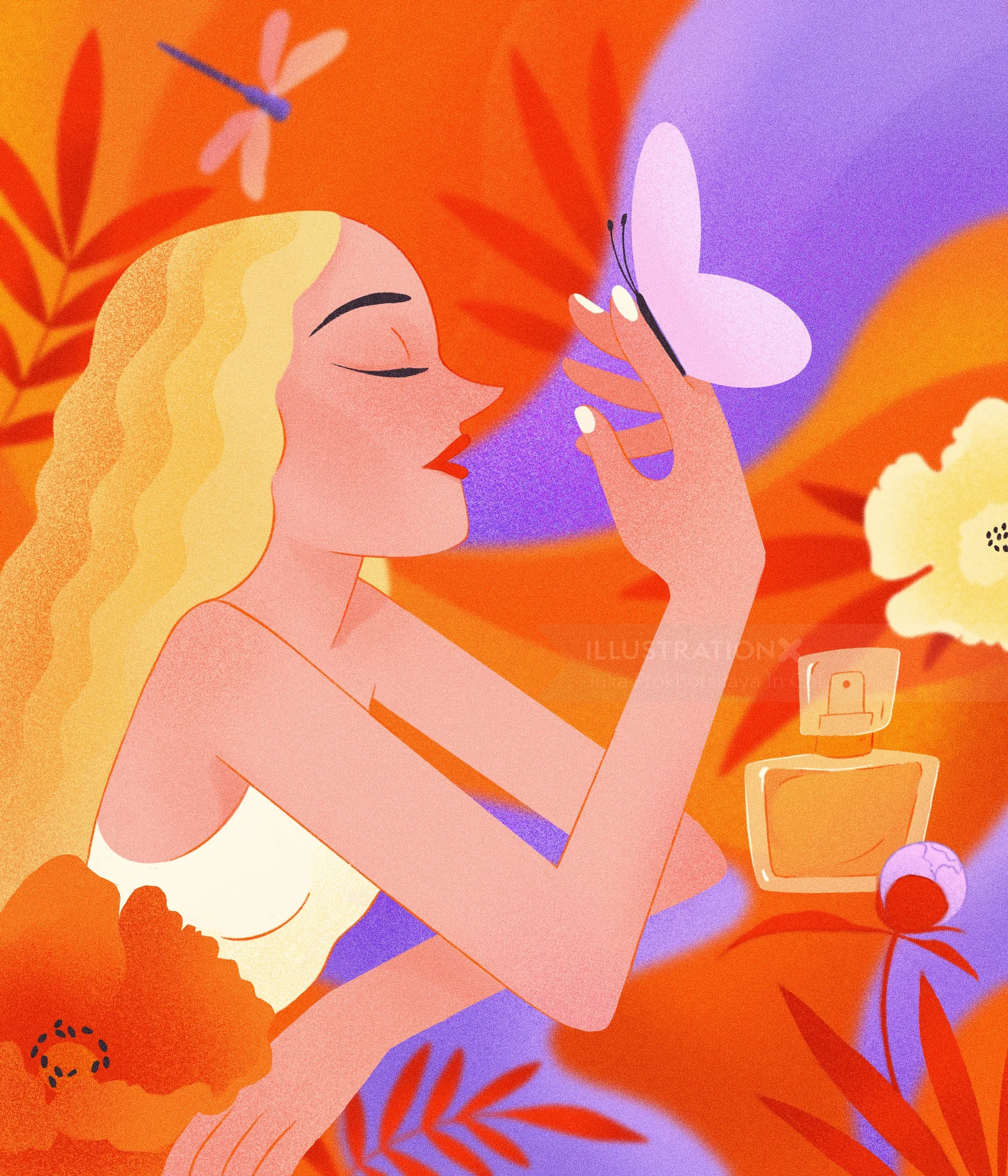 Woman holding a purple butterfly in a vibrant orange floral setting by Julia Prokhotskaya