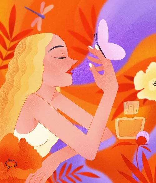 Woman holding a purple butterfly in a vibrant orange floral setting by Julia Prokhotskaya