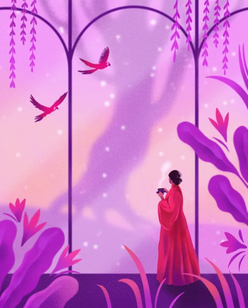 A woman in red dress stands near arched window with birds outside by Julia Prokhotskaya