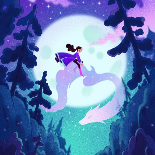 Girl reaching toward glowing spirit in forest by Julia Prokhotskaya