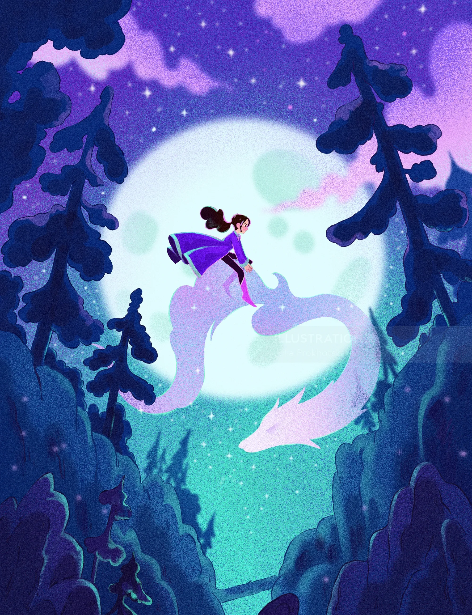 Girl reaching toward glowing spirit in forest by Julia Prokhotskaya