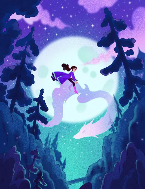 Girl reaching toward glowing spirit in forest by Julia Prokhotskaya