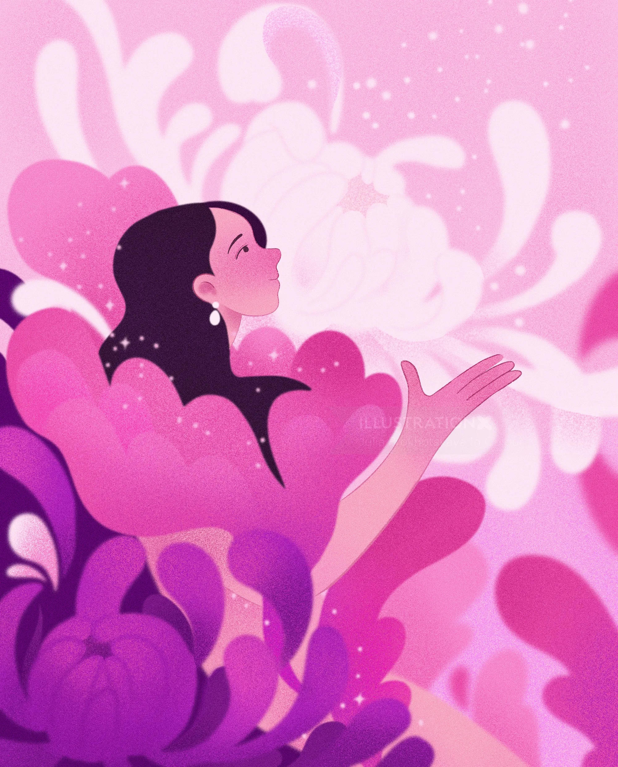 Woman with dark hair surrounded by pink and purple floral shapes by Julia Prokhotskaya