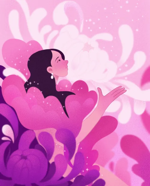 Woman with dark hair surrounded by pink and purple floral shapes by Julia Prokhotskaya