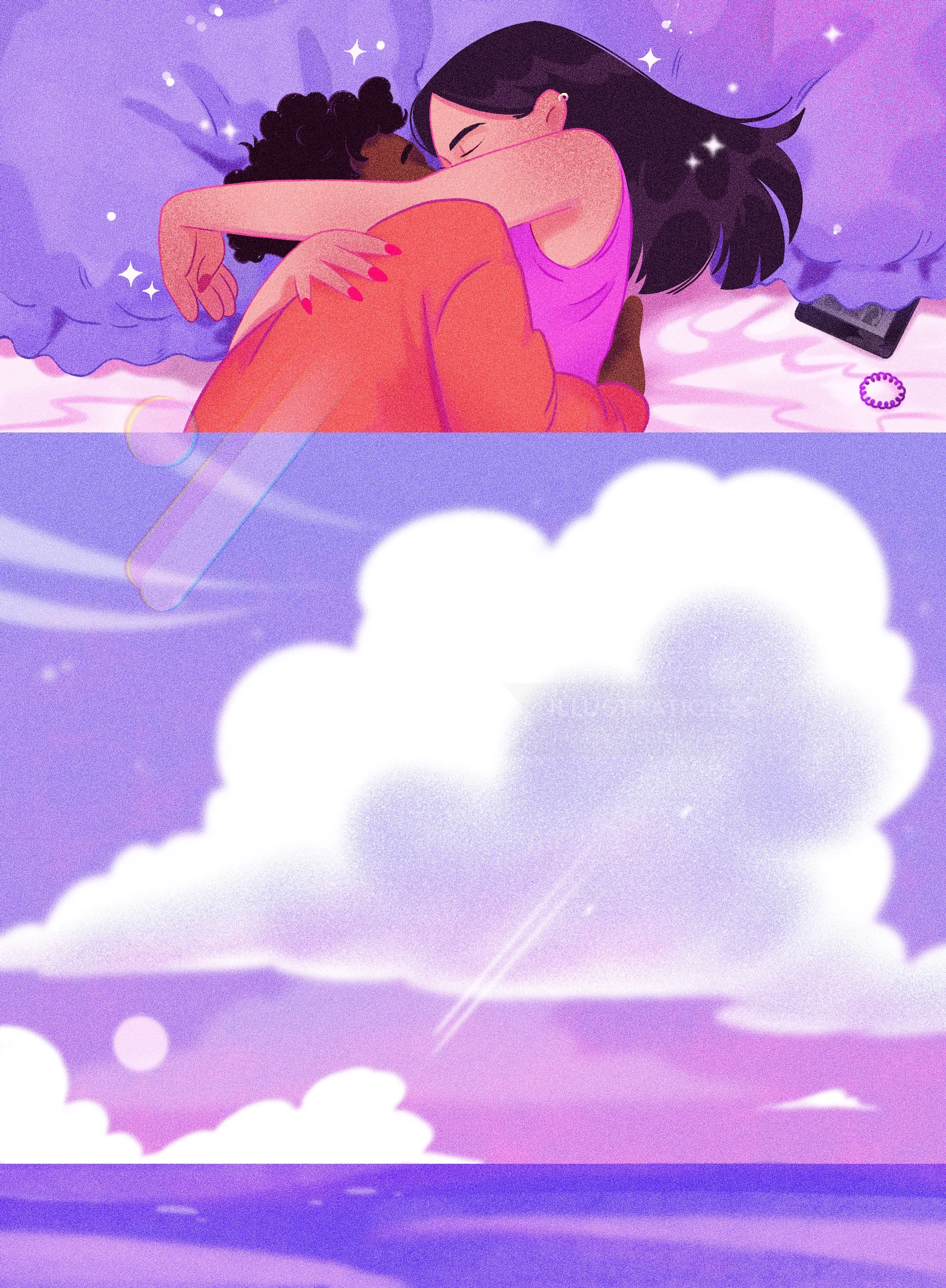 Couple hugging in bed under a dreamy purple sky with clouds by Julia Prokhotskaya