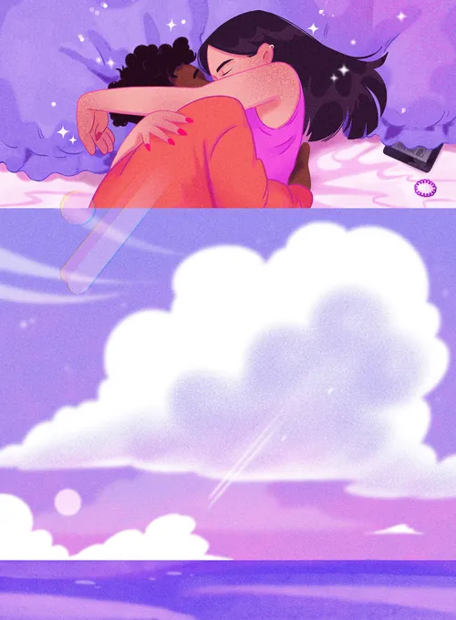 Couple hugging in bed under a dreamy purple sky with clouds by Julia Prokhotskaya