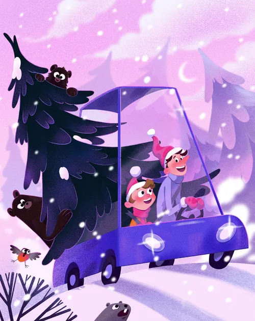 Children driving a winter vehicle with bears and snow, illustration by Julia Prokhotskaya