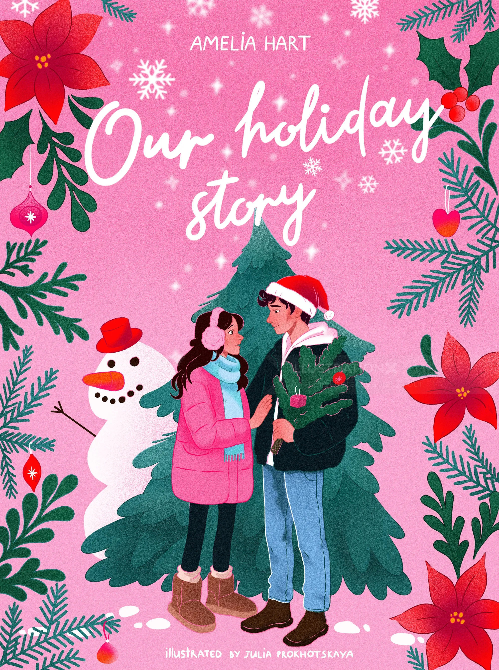 Holiday storybook cover with couple and Christmas decorations by Julia Prokhotskaya