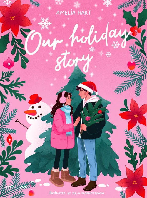 Holiday storybook cover with couple and Christmas decorations by Julia Prokhotskaya