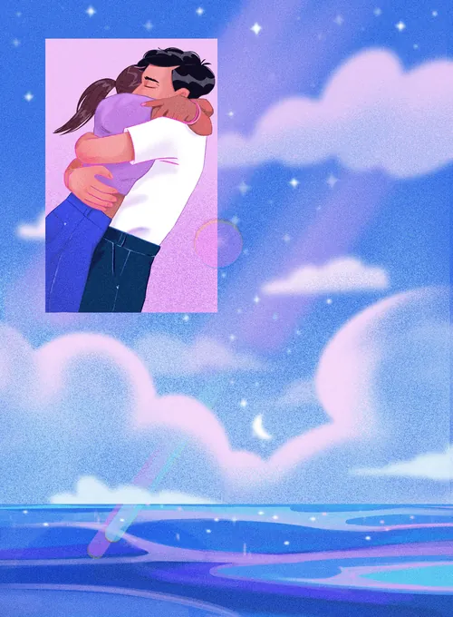 Couple hugging under a starry night sky with clouds and moon by Julia Prokhotskaya