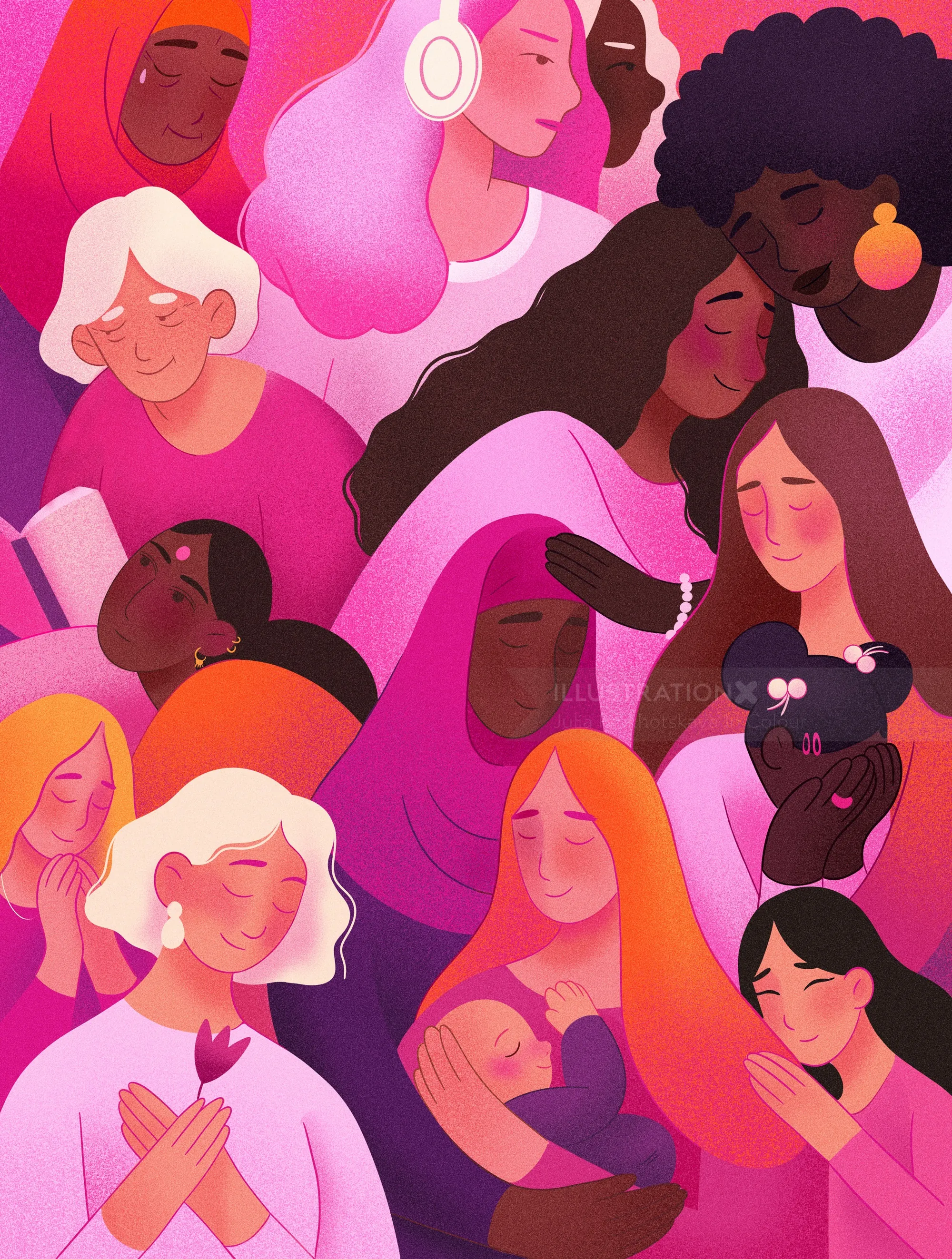 Illustration of diverse women embracing and connecting by Julia Prokhotskaya
