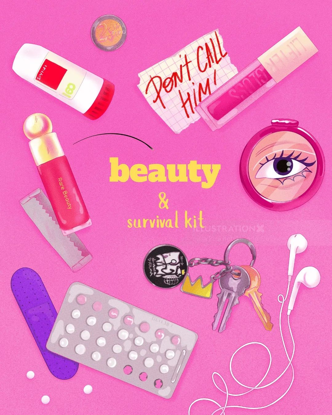 Beauty and survival kit with makeup items and keys by Julia Prokhotskaya