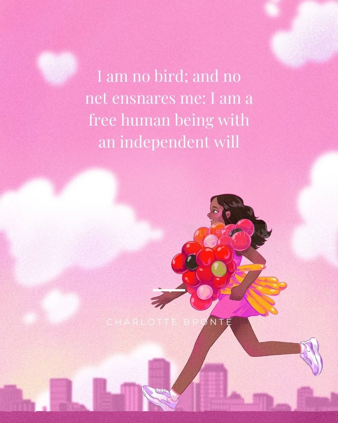 Woman running with balloons under pink sky by Julia Prokhotskaya