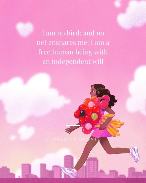 Woman running with balloons under pink sky by Julia Prokhotskaya